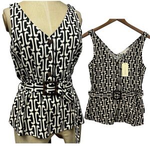 NWT Monteau Top Retro Chic Monochrome Geometric Linen Blend Vest Contemporary